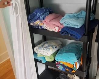 Towels; plastic shelving