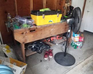 Wonderful wood work bench; floor fan; garage stuff