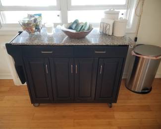 Navy rolling island/kitchen cart with granite top; trash can