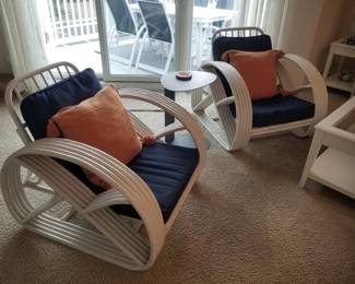 Retro rattan chairs with navy cushions