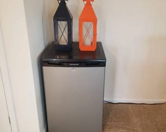 Dorm fridge; navy & orange lanterns