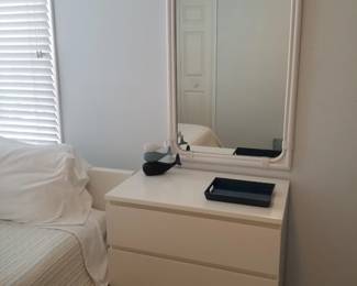 3-drawer white lacquer dresser; large mirror