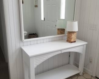 Coastal chic foyer table; large wall mirror