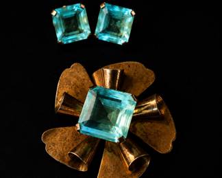 Vintage Art Nouveau Sterling & Aquamarine Brooch and Clip On Earrings Set