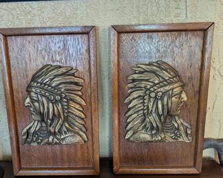 2 Vintage Bronze Native American Chief heads on a plaques