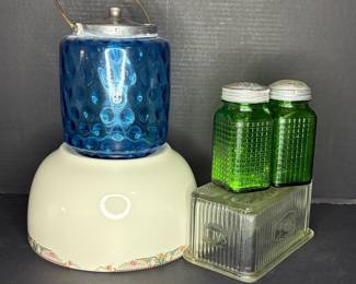 uranium glass salt cellar, mixing bowl, reversed dimple ice bucket