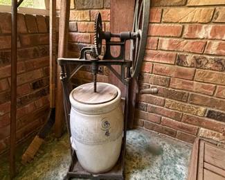 Louisville pottery butter churn with a Dazey hand mixer