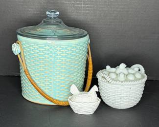 basket weave biscuit jar, mini hen on nest, milk glass basket of chicks