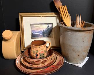 redware dishes by Susan Winger, Jim Gray print, 1930's refrigerator pitcher