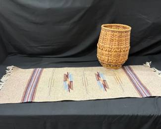 100% Wool Authenticated Navajo Runner & Hand-Woven Cherokee Basket
