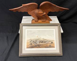 Vintage Hand Carved American Eagle & Lithograph