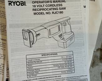 Ryobi 18V Cordless Reciprocating Saw (Model RJC180)
