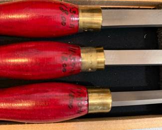 Vintage Woodturning Chisel Set with Red Handles and Wooden Case