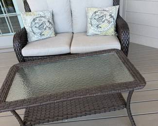 Brown Plastic Wicker Love Seat Coffee Table