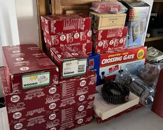 Here we have a number of Lehmann-Gross Bahn model railroad components.  The Big Train is marked on the boxes.  G-scale.  According to the internet, this is often used as a garden railroad set.