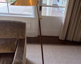 $900 one of a pair of adjustable Visual Comforts brass and leather floor lamps. 57"h as shown. (orig. $2,000 pr)