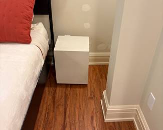 $220 pair of CB2 Solid ceramic base side tables. 13.5" sq. X 18"h.