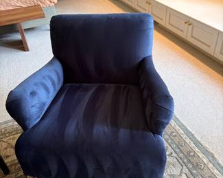 $800 pair Custom lounge chairs upholstered in navy velvet. 28.5w X 32d X 31h.