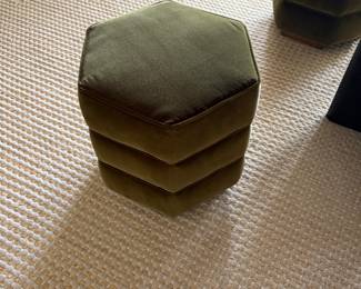 $730 per pair - 2 pairs available Soho Home "Lyla" stools in forest green velvet. 17.5" hexagon, by 17"h. Originally $750 Or I