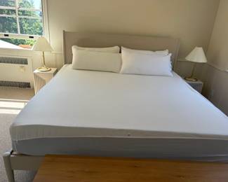 $1200. King, bed frame and platform style Nectar Hybrid mattress. Bedding sold separately. Headboard is 80 inches wide by 84 inches deep by 46 inches high. Original price for bedframe $1700.