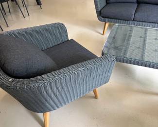 Side view of the pair of chairs with four cushions. 34 inches wide by 34 inches deep by 29 inches high.