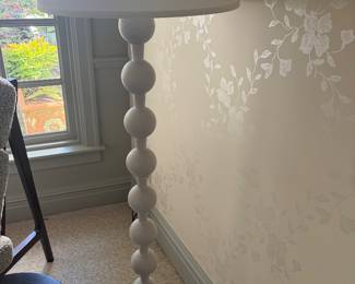 $1600 Pair of Hugo Barbell white wash floor lamps. Lamps measure 61”h X 20” diam. shade. Originally $1600 each.