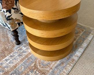 $590 Lulu and Georgia solid wood round side table. 18" diam. X 19"h. (orig. $1,000)