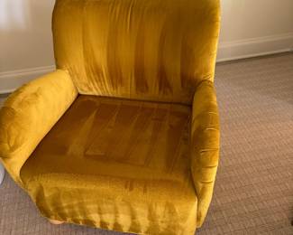 $1480 Pair of Skyline custom chairs in Citronella Velvet. 29"w X 32"d X 30"h. Lines shown are from vacuuming and not a pattern in the upholstery. (Orig. price $3,000)