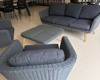 Article five piece outdoor set. View of the other chair in another photo.and the coffee table. Coffee table is 31 in.² by 16 inches high.