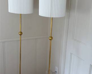 $600 Pair of heavy brass floor lamps by Visual Comfort. 13 inch diameter at the base and 62 inches high. Originally $500 each.