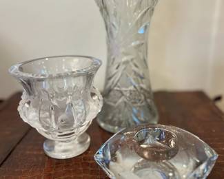 Lalique bird vase, Orrefors candle holder, and Brilliant cut vase