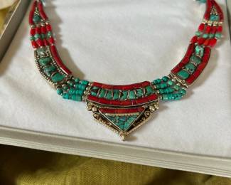 Tibetan silver turquise and coral necklace