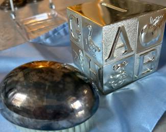 Sterling Dansk baby brush and silver plate coin box