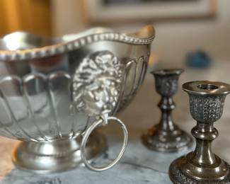 Sterling silver candlesicks and silver plate bowl