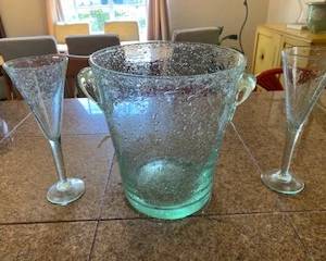 French La Verrerie de Biot Bubble glass champagne bucket and glasses