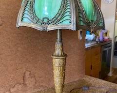 Tiffany style brass + slag glass table lamp-perfect condition