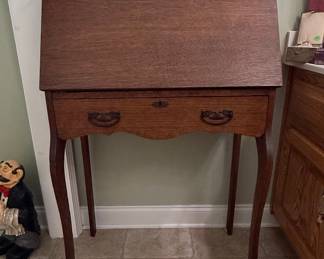 Antique Tiger Oak Slant Front Secretary Desk with Mirror
