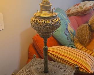 Victorian Style Parlor Lamp Table with Dragon Motif Feet and Integrated Oil Lamp