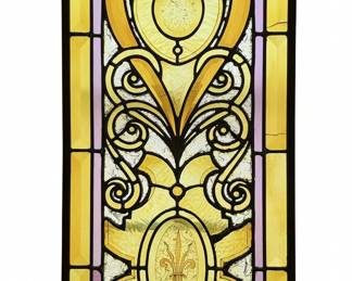 Antique Leaded Stained Glass Window with Fleur-de-Lis Motif