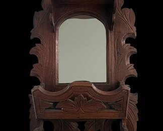 Antique Black Forest Style Carved Wood Wall Mirror with Shelf and Towel Bar