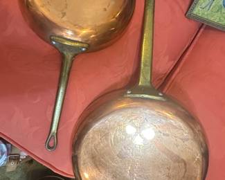 Vintage French Copper Frying Pans with Brass Handles