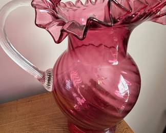 Victorian Cranberry Glass Pitcher with Ruffled Rim and Applied Handle