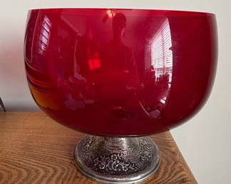 Vintage Gorham Ruby Red Glass Footed Console Bowl with Weighted Sterling Silver Base