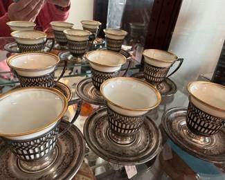 Lenox Demitasse Cups and Saucers with Sterling Silver Holders