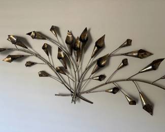Vintage Wall Sculpture With Metal Tulips And Leaves