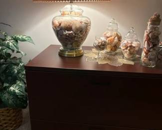 2 Drawer File Cabinet With Shell Lamp And Other Shells