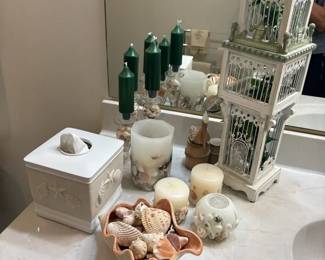 Tissue Holder, Shells, Candle And Decorative Bird Holder
