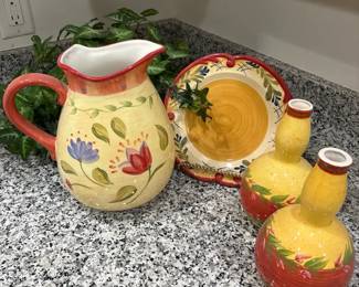 Pitcher, Plate And 2 Vases In Yellow With Flowers