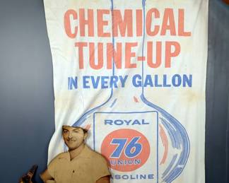 Union 76 Royal Gasoline Cloth Banner Scroll 58" x 45", And Muehlebach Cardboard Cut-Out Sign