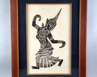 Vintage Thai Temple Rubbing On Paper In Framed Shadowbox, Framed By Export House Catering To Military Circa 1970s, 26" x 19"